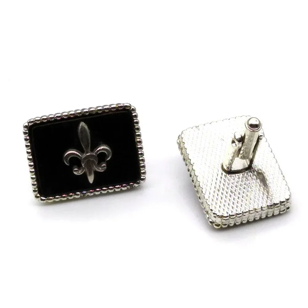 Vintage Fleur de Lis Cuff Links, Dapper Silver Tone on Black Background